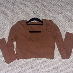 Shein Brown Ribbed Long Sleeve Crop Top